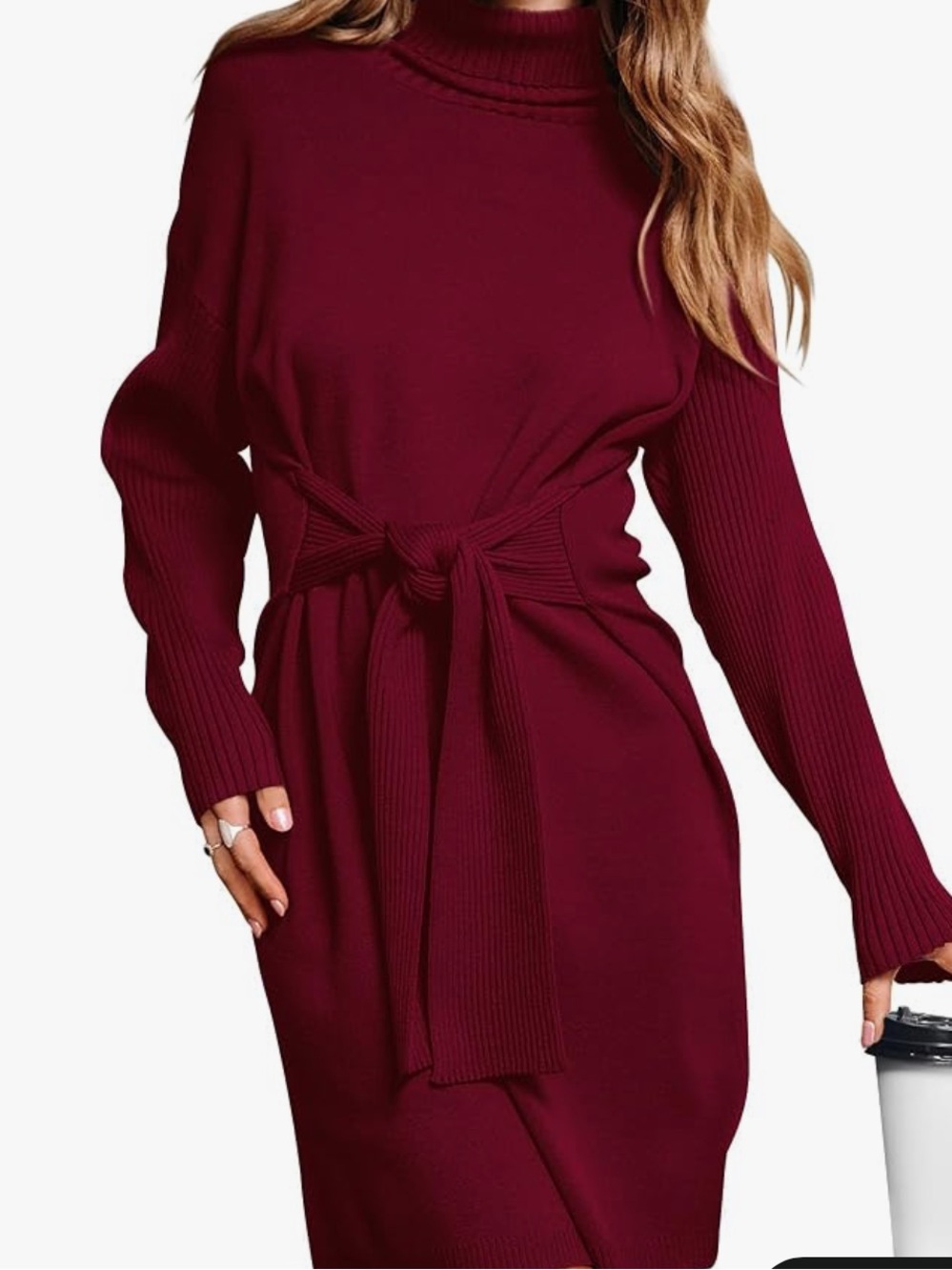 Ribbed Turtleneck Tie-Waist Mini Dress - Burgundy- NWOT